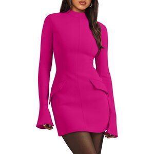 Women's Hot Pink Fall Long Sleeve Neck Mini Dress Party Club Bodycon